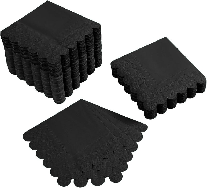BEFORYOU 100 Pack Cocktail Napkin 2-Ply Scalloped Edged Dessert Napkins Folded 5 x 5 Inches Disposable Napkins for Dinner Wedding Birthday Party Bridal Anniversary Reception Event (Black) - Image 1